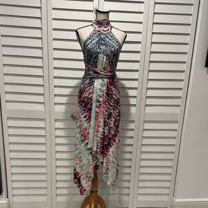 Fifilles Paris Asymmetrical Halter Abstract pattern Dress in Pink and Blue.